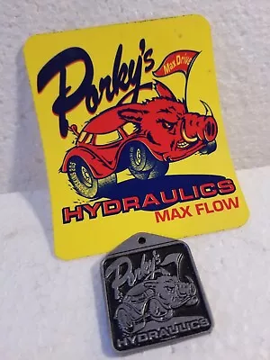 Vintage Porky's Hydraulics Low Rider Metal Keychain & Sticker Lay It Low Lowrod  • $24.99