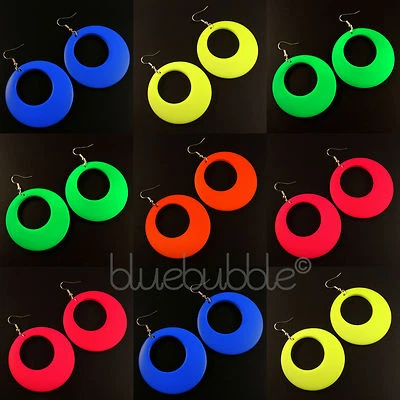 FUNKY LARGE ROUND HOOP DROP EARRINGS KITSCH DISCO RAVE 60s 70s 80s 90s STYLE FUN • £5