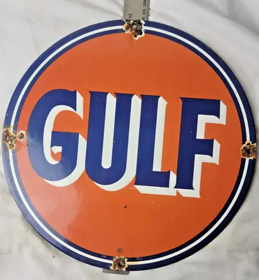 Vintage 11 3/4  Gulf Porcelain Sign Pump Plate Gas Station Oil Service Station • $115