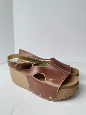 Volatile Women's Size 7 Brown Leather Slingback Wedge Platform Comfort Sandals • $34.99