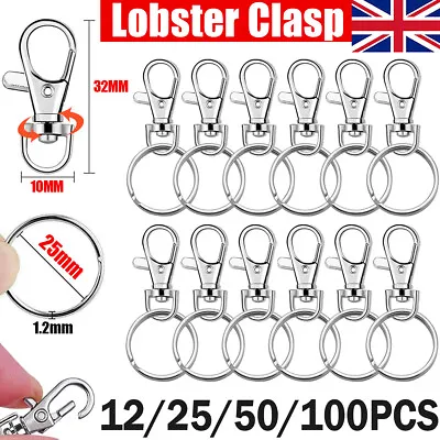 £3.99 • Buy 32mm /37mm Lobster Key Rings Clasps Silver Key Ring Hook Swivel Trigger Clips