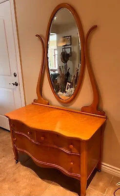 Antique American Birdseye Maple Vanity Dresser With Mirror C.1900 • $380
