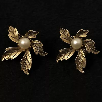 Vintage Faux Pearl Clip-On Engraved Flower Earrings  • $1.25