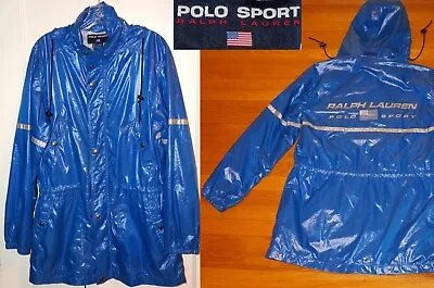 Vtg POLO SPORT Ralph Lauren Glossy Rain Jacket Hood BIG Silver Spell-Out M Men • $65.77