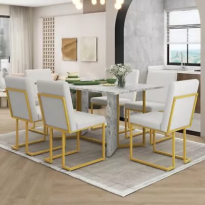7PCS Dining Table Set Artificial Marble Sticker Tabletop 6Chairs Gold Steel Legs • $929.99