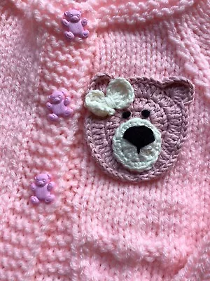 Babies Cardigan. New. Hand Knitted. 3-6 Months. Pink. With Teddy Motif. • £4.99