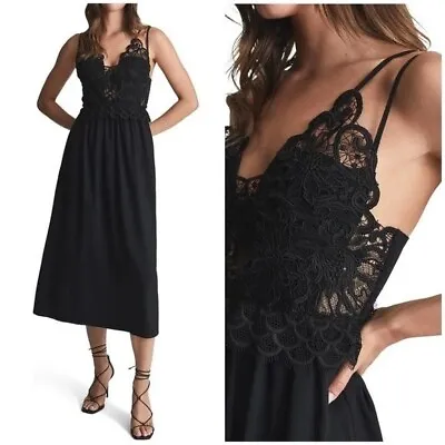 New Reiss Serena Lace Detailed Midi Dress Black Modal Linen Sz 6 • $165