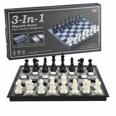 Folding Board Chess With Black And White Magnetic Travel 3in1 Chess Game Set UK • £8.99