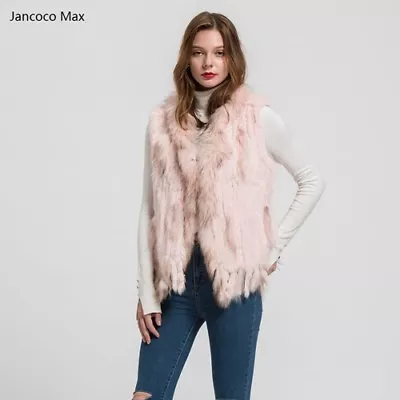 Fashion Lady Real Rabbit Classic Knitted Fur Vest Raccoon Collar Gilet Womens • $54.67