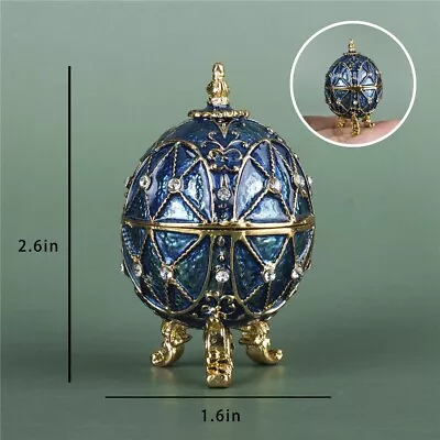 Trinket Jewelry Box Hinged Blue Faberge Egg Ornament Easter Egg Crystal Jeweled • $22.32