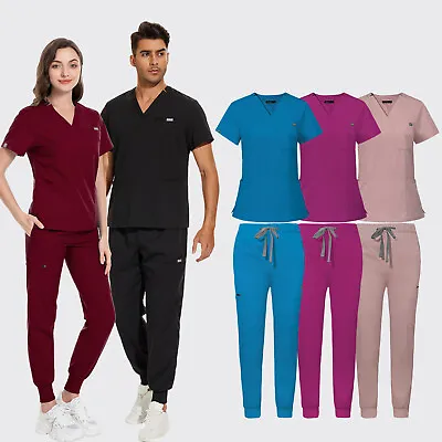 Unisex Stretch Jogger Scrub Set V-Neck Top Cargo Pants Men Women Nursing Uniform • $19.99