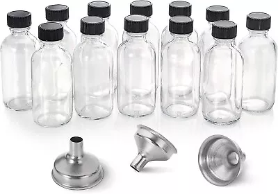 12 Pack 2 Oz Small Clear Glass Bottles With Lids & 3 Stainless Steel Funnels 60M • $14.99