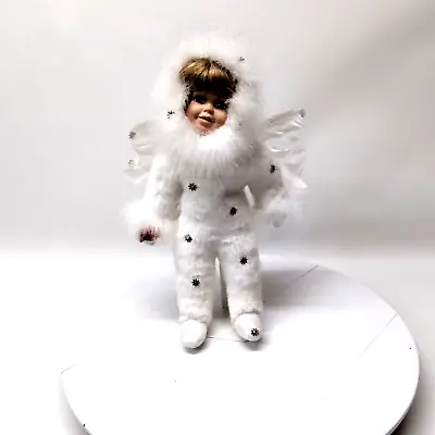 Snow Angel Porcelain Doll 14  White Feathers Fur Snowflakes Wings Cardinal • $21.89