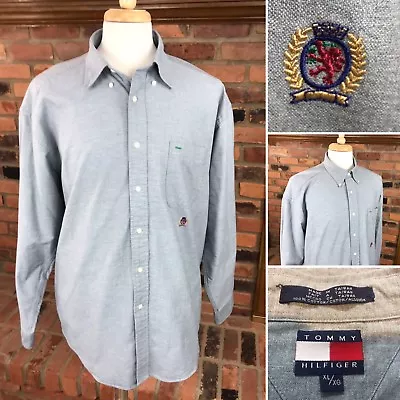 Vintage Tommy Hilfiger Flag/Crest L/S Button-Down Canvas Shirt ~ Men's XL / Gray • $14.75