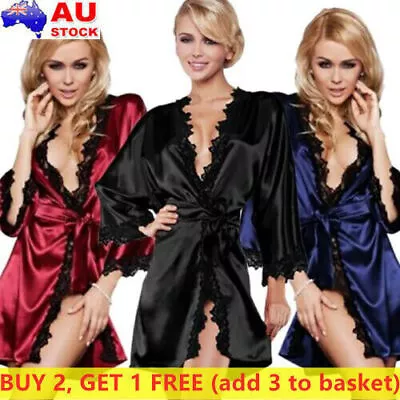 $8.45 • Buy Womens Satin Silk Robe Dressing Gown Kimono Bride Lingerie Sleepwear Nightwear