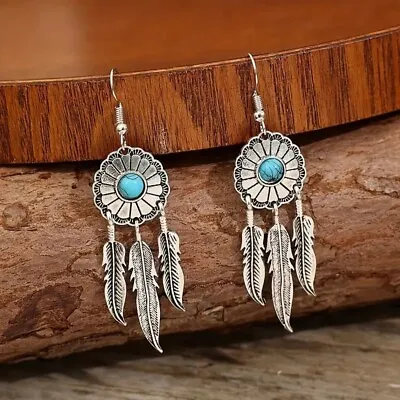 925 Sterling Silver Dream Catcher Turquoise Vintage 2.75  Dangle Drop Earrings • $15.74