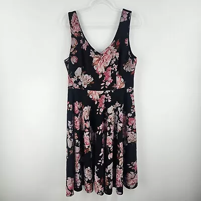 Review Dress 16 Black Multicoloured Floral V Neck Sleeveless A Line Occasion • $49.99
