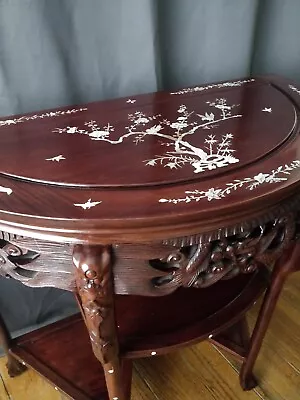 Vintage Oriental Carved Rosewood MOP Inlay Half Moon Table Chinese Asian Demilun • $2349