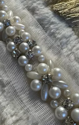 1 Yard White Pearl Beaded Lace Trim Chain Bridal Wedding Ribbon Belt Lace Di • £3.50