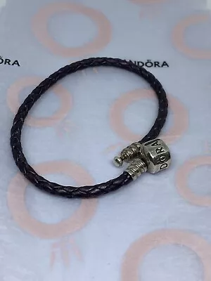 PANDORA Moments Brown Leather Silver Barrel Clasp Charm Bracelet 17.5cm • £19.99