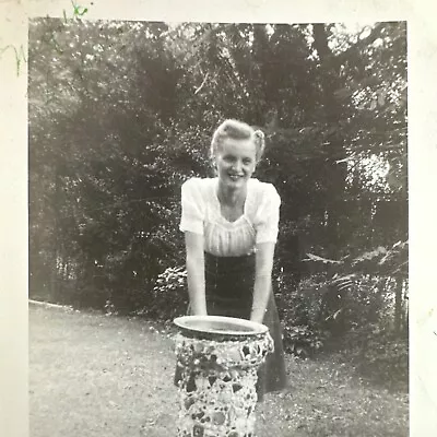 1941 VINTAGE PHOTO Lovely Blonde Woman With Unusual Mosaic Birdbath Norfolk VA • $12