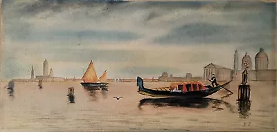 Antique Folkart Venice Gondola Canal  Watercolor Painting Signed E.S. 15 ×7.25  • $37.50