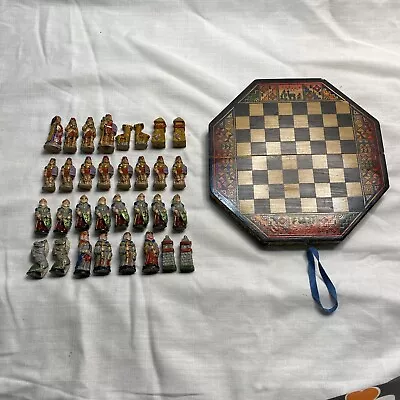 Vintage Spanish Conquistador Aztec Mayan Complete Chess Set - Octagon Wooden Box • $65