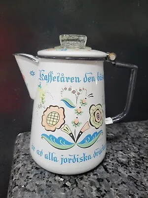 Vintage Enamel Ware Porcelain Precolator Coffee Pot With Swedish Writing  • $22.50