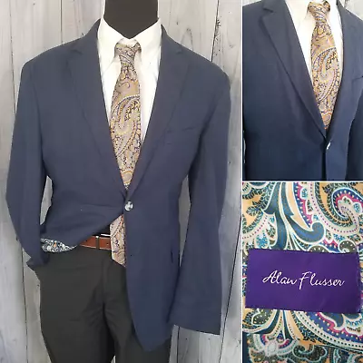 Alan Flusser Mens XL 48 Unstructured Blue Blazer Slub Linen Partial Lined Casual • $42.50