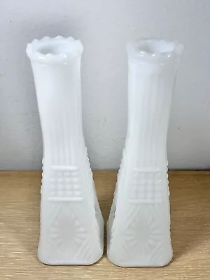 Set Of 2 Vintage White Milk Glass Bud Vases W/Square Bottom 8 3/4  Identical • $16