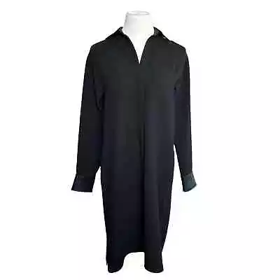 Vince Collared Long Sleeve Relaxed Shirt Dress Faux Leather Trim Black Small • $99