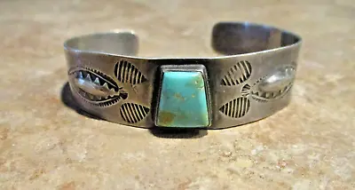 UNIQUE Old 1930's Navajo Sterling Silver Turquoise STAMPED DESIGN Bracelet • $259