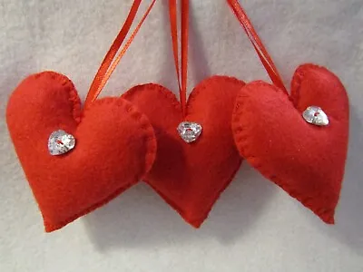 £6.75 • Buy Handmade 3 X  Felt Red Heart/ Diamante Button  Hanging Decs Valentines/mum's Day