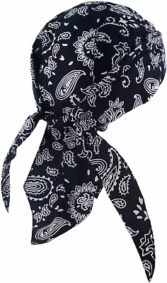 Black And White Paisley Bandana Cap W/ Elastic  W/ Sweatband Motorcycle Do Rag • $10.95