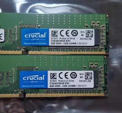 Crucial 16GB DDR4-2400 (2 X 8GB) UDIMM RAM Memory Module CT8G4DFS824A.8FB1 • £0.99