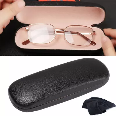 NEW Clam Shell Hard Eyeglasses PU Glasses Case Black W/Microfiber Cleaning Cloth • $4.48