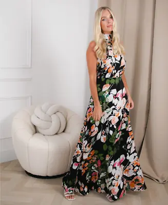 Black Watercolour Floral Halter Neck Maxi Dress • £34.99