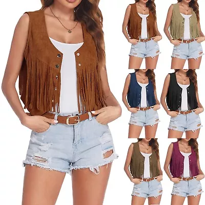 Women  Fringe Vest Open-Front Vintage Vest Sleeveless 70s Boho Western Jacket • $18.58