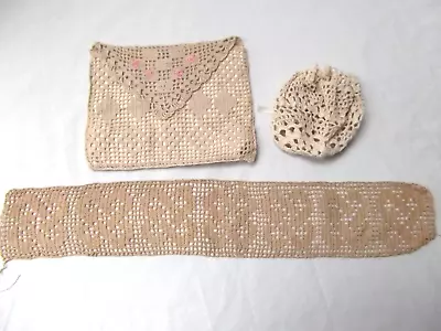 Vtg Antique Lot 3 Crochet Doily Strip Envelope Handbag Purse Drawstring Bag • $24.99