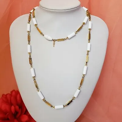 Vintage Trifari Long Gold Tone & White Bead Necklace • $19.95