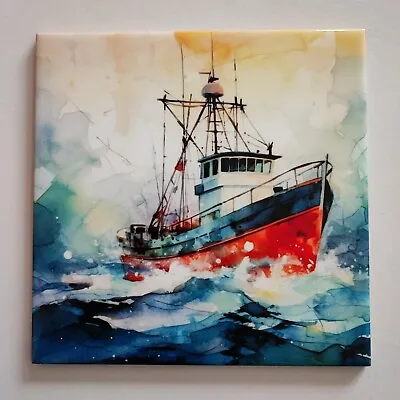 Ceramic Picture Tile Wall Photo Tile Art Tile Watercolour Fishing Boat Sea Decor • £19.99