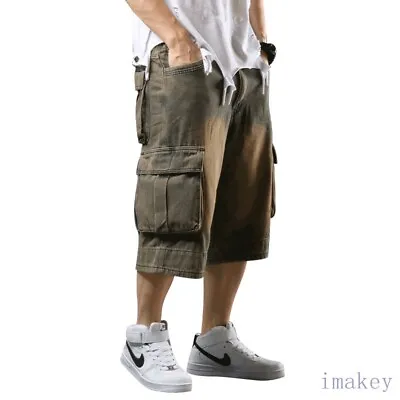 Men Cargo Pocket Denim Shorts Wide Leg Hip Hop 3/4 Length Jeans Loose Retro • $47.53