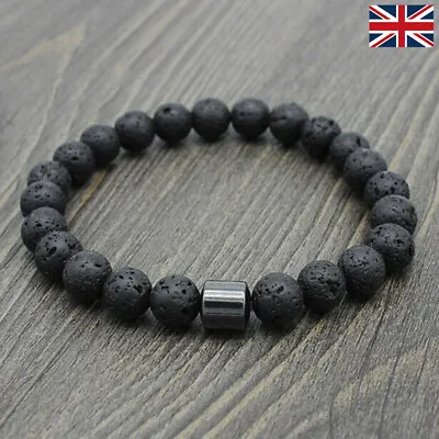 Men Women's Black Lava Stone Bracelet Natural Volcanic Round Bead Bangle 8mm UK • £3.99