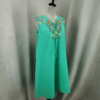 My Michelle Dress Womens 1X Green Embroidered Floral Lace Up Shift READ • $15.99
