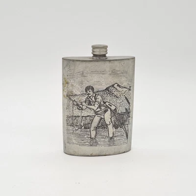 £45 • Buy Vintage English Pewter (Sheffield) Hip Flask With  Fishing Scene