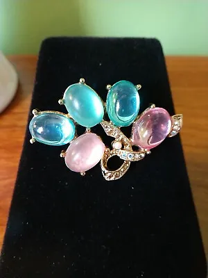 $7 • Buy Pink Lucite Cabochon Aurora B Rhinestones Gold Tone BROOCH Pin Vintage Jewelry