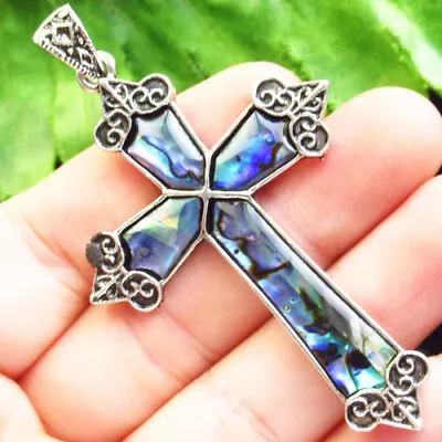 H03904 Wrapped Rainbow Abalone Shell Cross Pendant Bead 66x42x4mm • $0.80