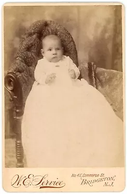 CIRCA 1890'S CABINET CARD Adorable Baby White Dress Chair Service Bridgeton NJ • $9.99