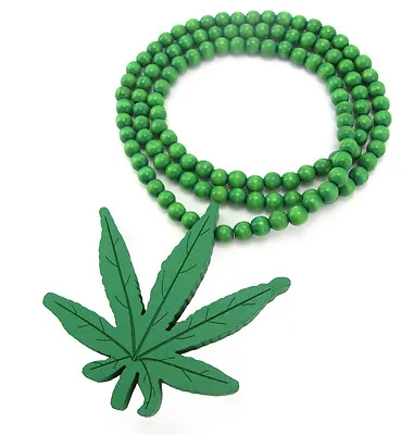 $9.20 • Buy Wooden Marijuana Leaf Pendant Piece & 36  Chain Bead Necklace Good Wood Style