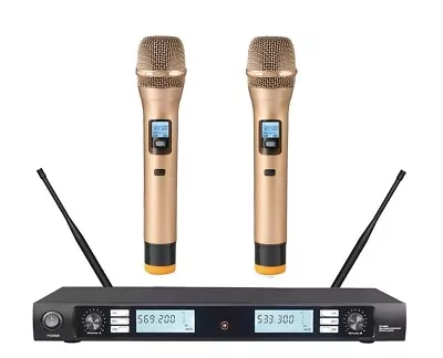 Dual Wireless Microphone System Golden Color Handheld Rack Mountable Cordless • $179